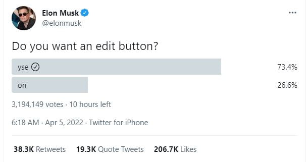 Twitter’s largest shareholder, Elon Musk asking users if they want an edit button Twitter’s largest shareholder, Elon Musk asking users if they want an edit button
